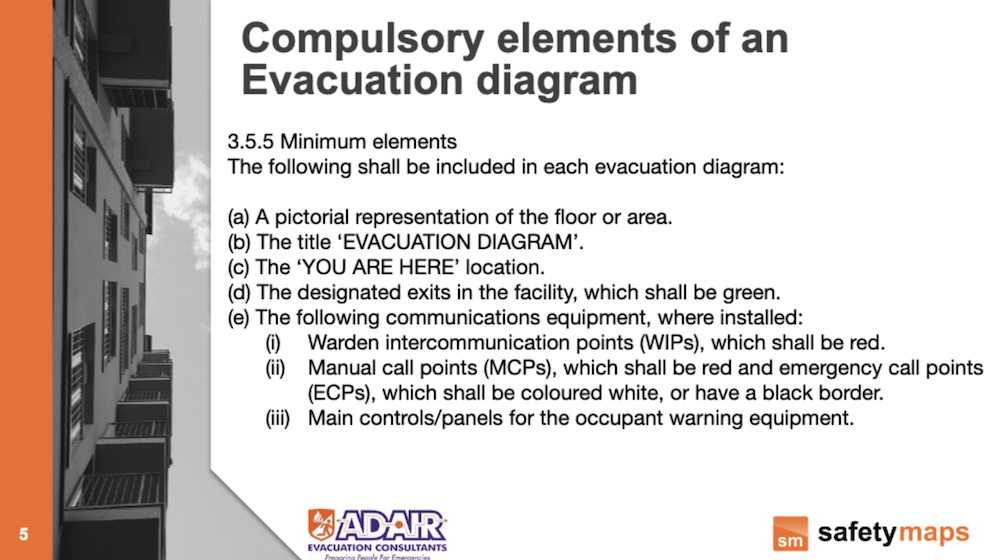Evacuation Diagram Compulsory elements Evacuation Diagram Compulsory elements 3.5.5 Minimum elements The following shall be included in each evacuation diagram: (a) A pictorial representation of the floor or area. (b) The title ‘EVACUATION DIAGRAM’. (c) The ‘YOU ARE HERE’ location. (d) The designated exits in the facility, which shall be green. (e) The following communications equipment, where installed: Warden intercommunication points (WIPs), which shall be red. Manual call points (MCPs), which shall be red and emergency call points (ECPs), which shall be coloured white, or have a black border. Main controls/panels for the occupant warning equipment.